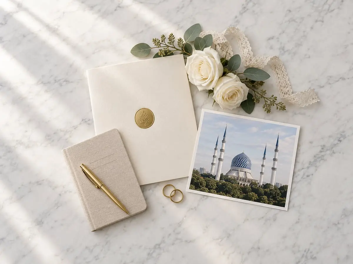 Sijil kursus kahwin bermeterai emas bersama poskad Masjid Sultan Salahuddin Abdul Aziz Shah Shah Alam dan cincin emas di atas marmar