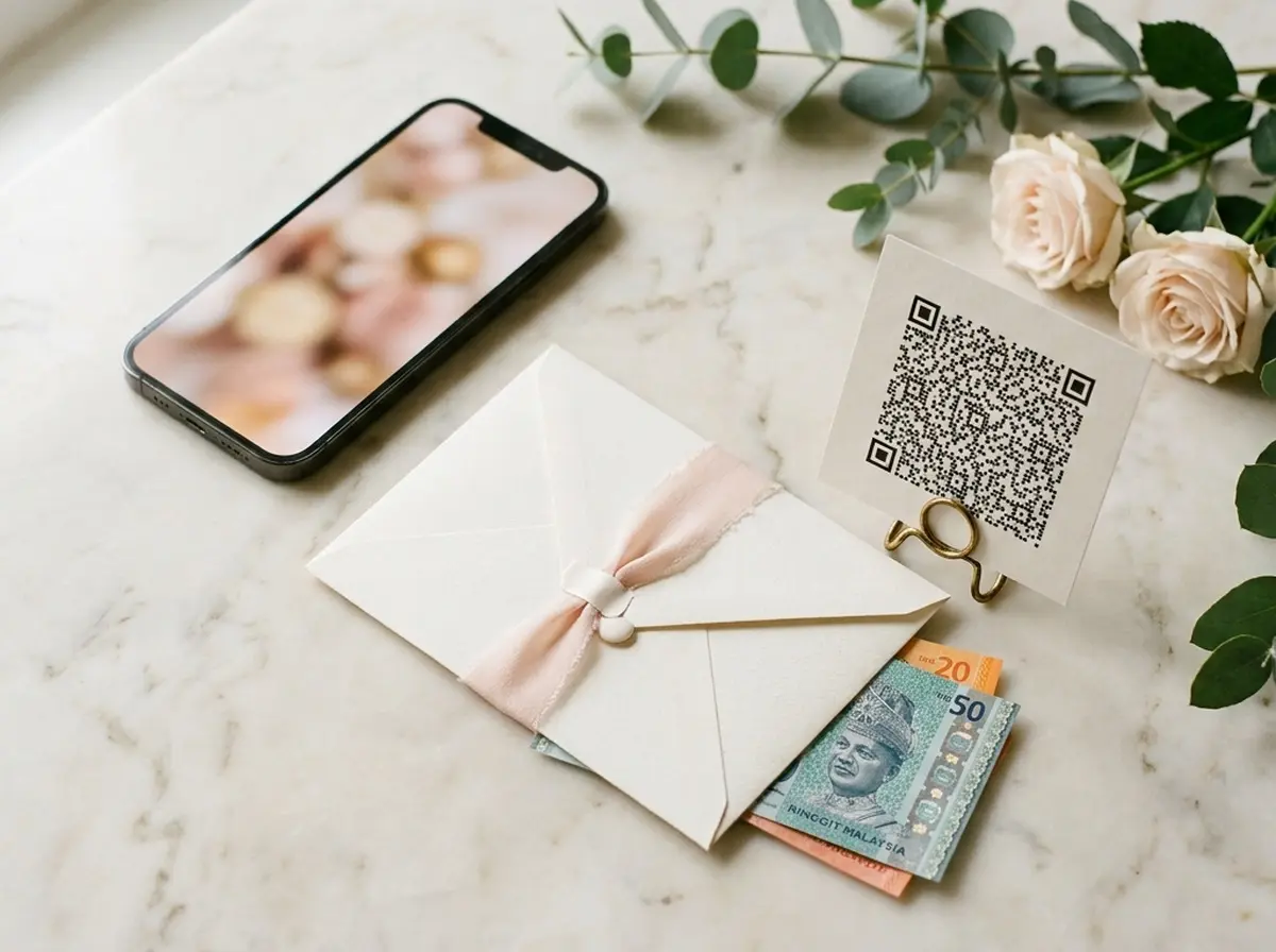 Sampul putih berikat reben merah jambu, kad kod QR, wang kertas ringgit dan telefon di atas marmar dengan mawar