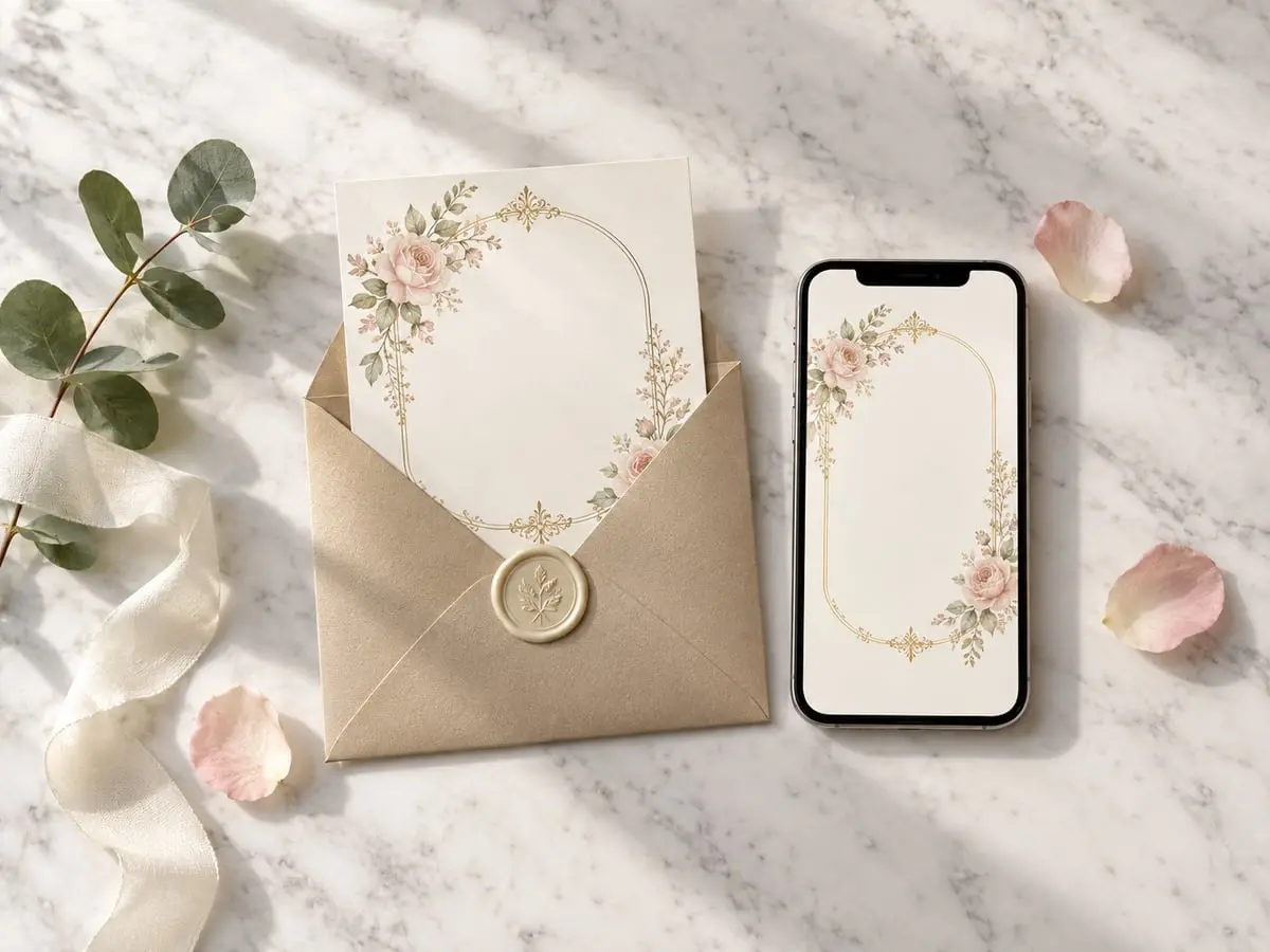 Telefon memaparkan kad jemputan digital bercorak bunga di sebelah kad jemputan bercetak dalam sampul emas bermeterai lilin
