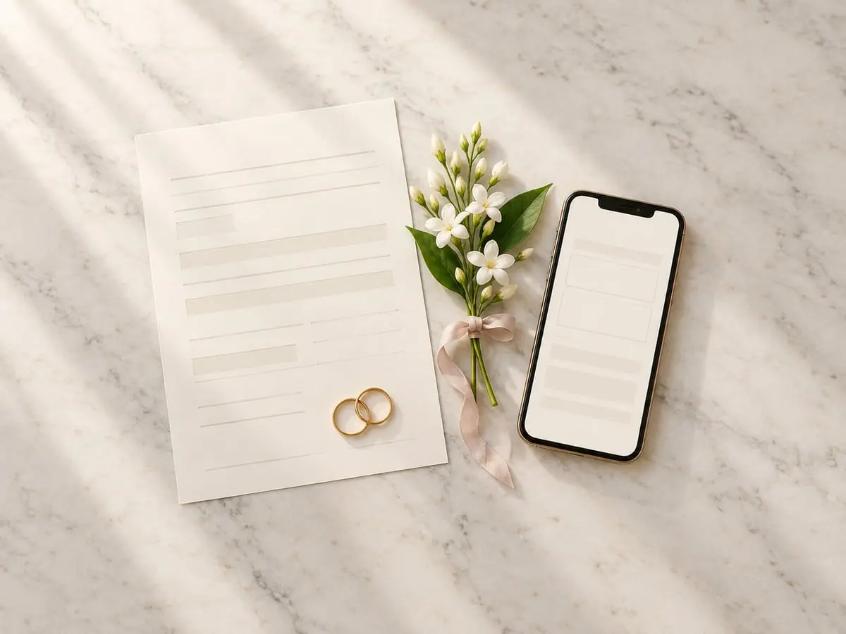 Telefon memaparkan borang permohonan nikah di sebelah borang bercetak dan dua bentuk cincin emas di atas marmar