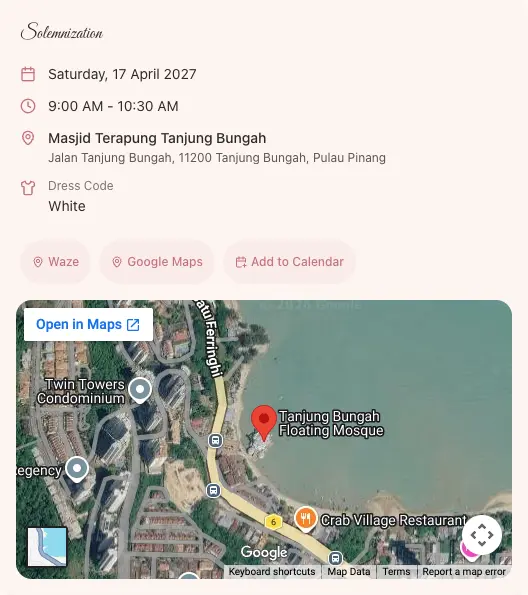 Sample wedding invitation showing event details and directions